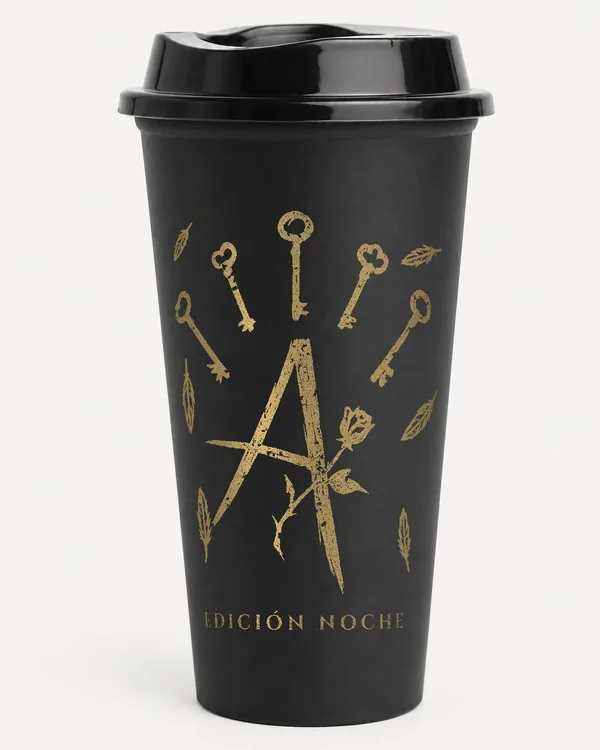 Vaso negro Edición Noche con emblema dorado