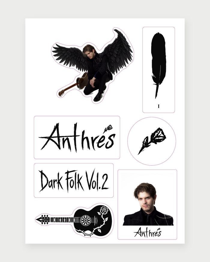 Hoja A5 de 7 stickers de Anthrés: alas, pluma, logo, rosa, Dark Folk Vol. 2, retrato y guitarra